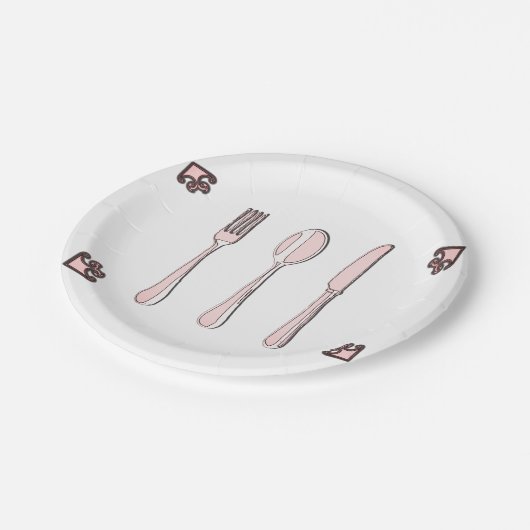 Gabel, Löffel und Messer Pappteller (Schrägansicht)