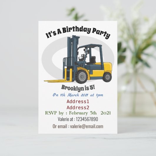 Gabelstapler-Cartoon Einladung (Stehend Vorderseite)