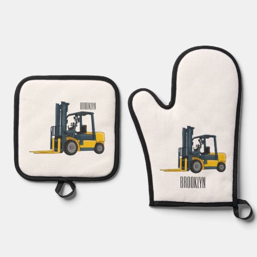 Gabelstapler-Cartoon Ofenhandschuh & Topflappen-Set (Vorderseite)