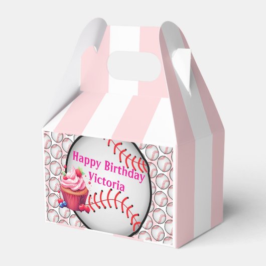 Gable Favor Box Stripe Pink and White Baseball Geschenkschachtel (Vorderseite)