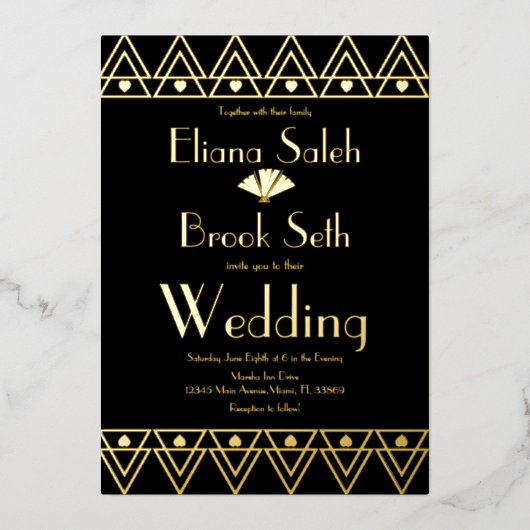 Gabsty Heart Border Gold Wedding gepresst Folieneinladung (Vorderseite)