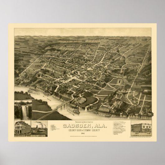 Gadsden, AL Panoramic Map - 1887 Poster (Vorne)