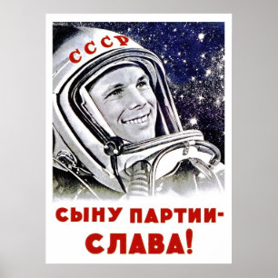 Gagarin im All, Wettlauf ins All, sowjetische Prop Poster