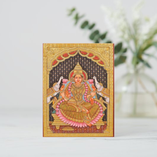 GAJA LAKSHMI INTRICATE TANJORE MALERIERUNG {SÜDIND POSTKARTE (Stehend Vorderseite)