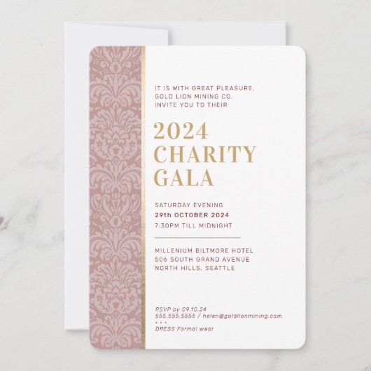 GALA BALL elegant damask burgundy dusty rose gold Einladung (Vorderseite)
