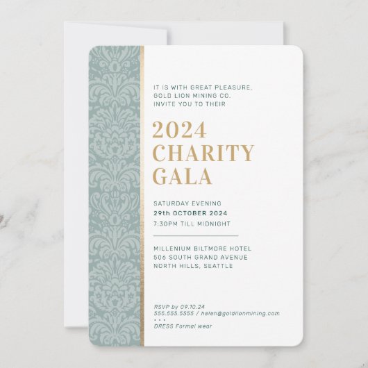 GALA BALL elegant damask dark green sage gold Einladung (Vorderseite)