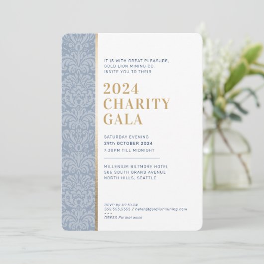 GALA BALL simple elegant damask dark blue gold Einladung (Stehend Vorderseite)