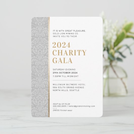 GALA BALL simple elegant damask gray gold Einladung (Stehend Vorderseite)