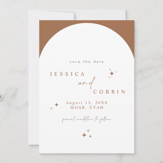 GALA Burnt Orange Boho Arch Star Save the Date Einladung (Vorderseite)