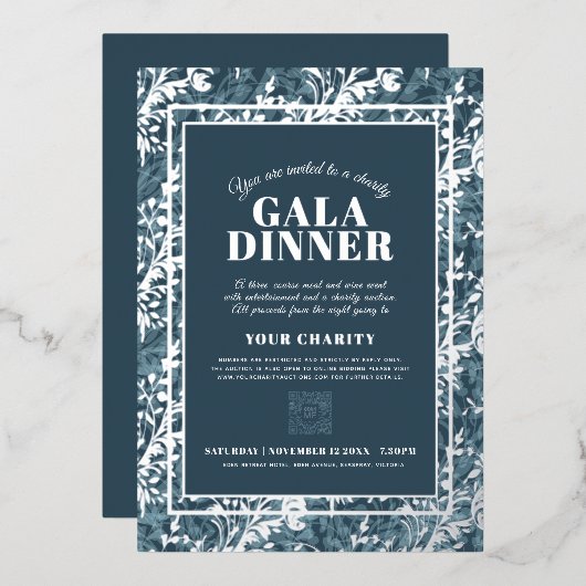 Gala-Dinner mit blauen, botanischen Mustern Folieneinladung (Vorderseite/Rückseite)