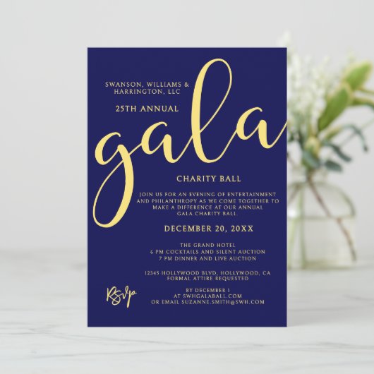 Gala Event Charity Fundraiser Elegant Blue Gold Einladung (Stehend Vorderseite)