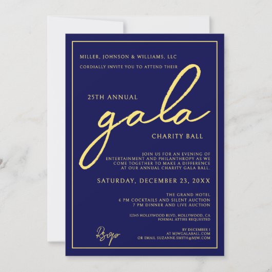 Gala Event Charity Fundraiser Elegant Blue Gold Einladung (Vorderseite)