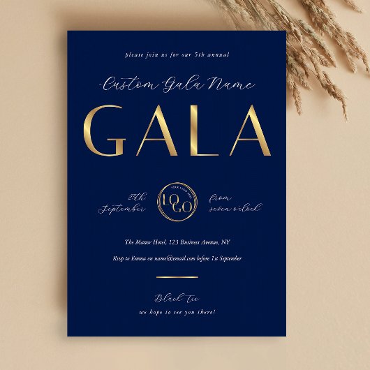 Gala Night Navy & Gold Logo Business Fundraiser Einladung