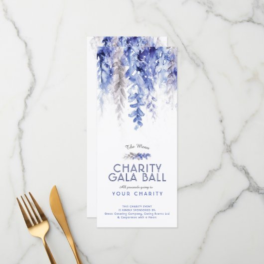Gala-Wohltätigkeit-Ereignis mit Aquarellblau Menükarte (Vorderseite/Rückseite Beispiel)