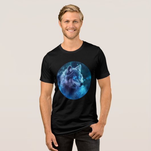 Galactic Blue-Eyed Wolf Art Print Tri-Blend Shirt (Vorderseite voll)