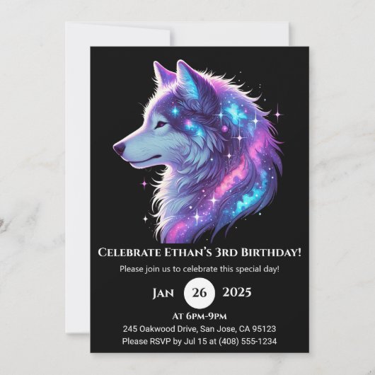 Galactic Glow Wolf Birthday Invitation Einladung (Vorderseite)