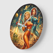 Galactic Guardians Retro Space Girls Große Wanduhr (Winkel)