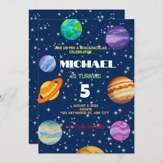 Galactic Planets Geburtstagsparty Einladung (Vorne/Hinten)