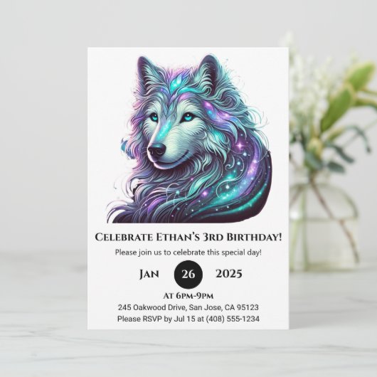Galactic Spirit Wolf Geburtstag Einladung (Stehend Vorderseite)