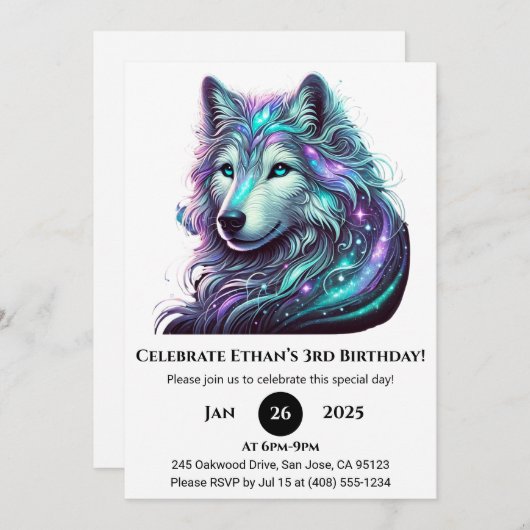Galactic Spirit Wolf Geburtstag Einladung (Vorne/Hinten)