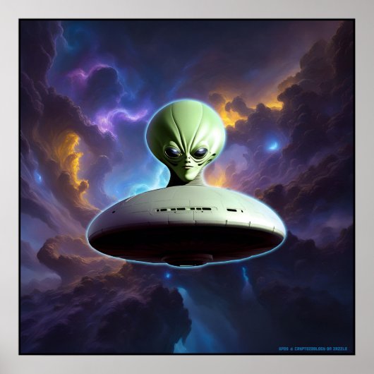 Galaktische Begegnung: Grüne Alien Kopf UFO Abente Poster (Vorne)
