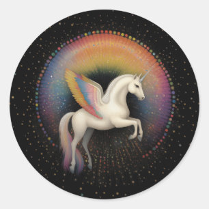 Galaktisches Einhorn Regenbogenfarbene Sterne Tief Runder Aufkleber