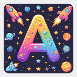 🪐 Galaxie Buchstabe A Raketen Planeten Sterne Kin Quadratischer Aufkleber