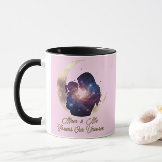 Galaxie Mama & Kind Silhouette Mond Kunst Tasse (Mit Donut)