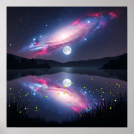 Galaxie über einem mondbeschienenen See mit kosmis Poster