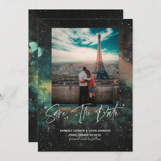 Galaxie und geometrischer Mond Save the Date (Vorne/Hinten)