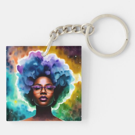 Galaxy Afro Black Frauen in Brille Schlüsselanhänger (Rückseite)