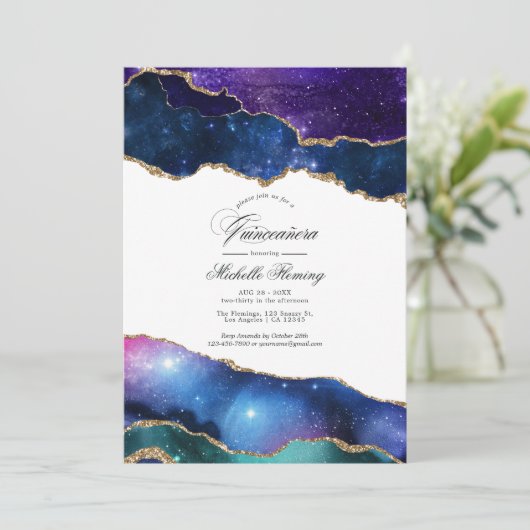 Galaxy Agate Quinceañera Einladung (Stehend Vorderseite)