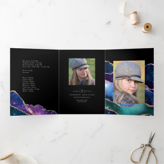 Galaxy Agate Quinceañera Foto Dreifach Gefaltete Einladung (Innenseite)