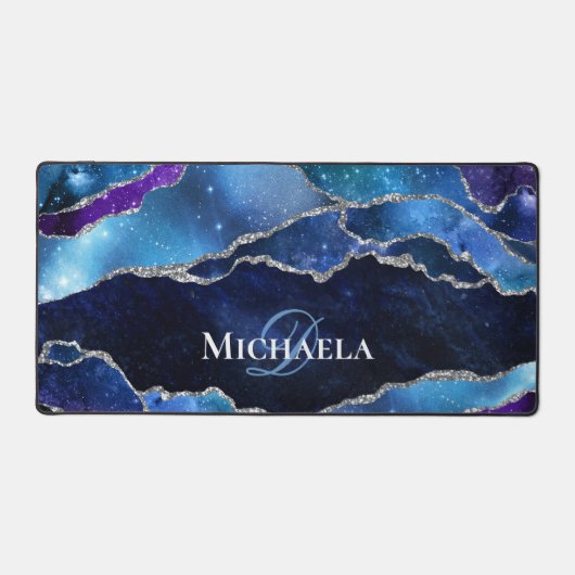 Galaxy Agate Silver Glitzer Weltraummonogramm Schreibtischunterlage (Vorderseite)