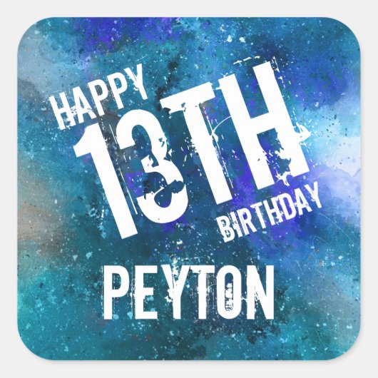 Galaxy Aqua Blue Wasserfarbe Personalisiert Geburt Quadratischer Aufkleber (Vorderseite)