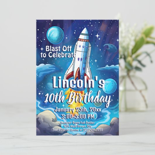 Galaxy Astronaut Space Shuttle Rocketship Geburtst Einladung (Stehend Vorderseite)