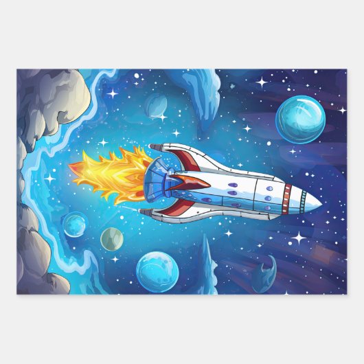 Galaxy Astronaut Space Shuttle Rocketship Geburtst Geschenkpapier Set (Vorderseite 2)
