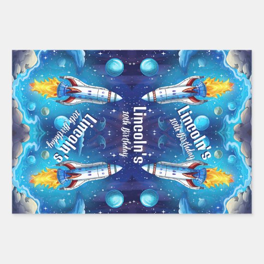 Galaxy Astronaut Space Shuttle Rocketship Geburtst Geschenkpapier Set (Vorderseite)