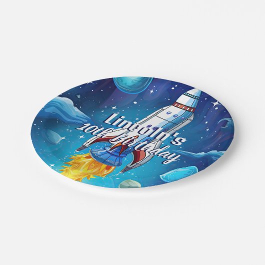 Galaxy Astronaut Space Shuttle Rocketship Geburtst Pappteller (Schrägansicht)