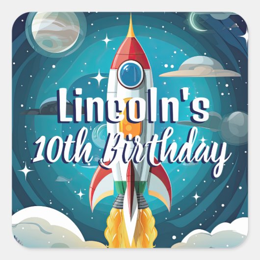 Galaxy Astronaut Space Shuttle Rocketship Geburtst Quadratischer Aufkleber (Vorderseite)