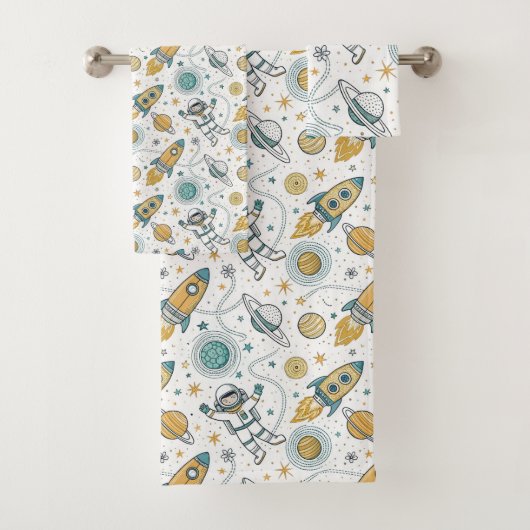 Galaxy Bath Towel Rockets & Planets in Soft Hues Badhandtuch Set (Insitu)
