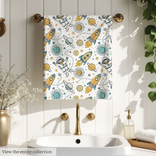 Galaxy Bath Towel Rockets & Planets in Soft Hues Badhandtuch Set