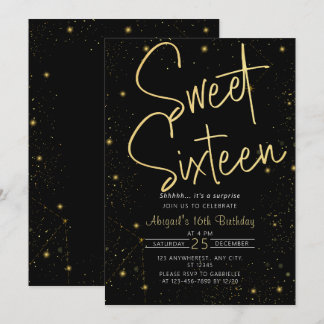 Galaxy Black Gold Sweet 16. Geburtstagsparty Einladung