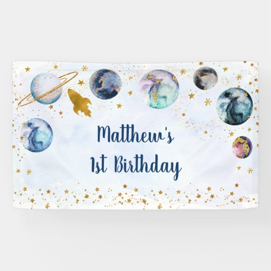 Galaxy Blue Gold Weltraum Geburtstag Banner (Horizontal)