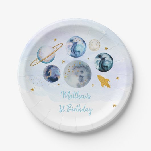Galaxy Blue Gold Weltraum Geburtstag Pappteller (Vorderseite)