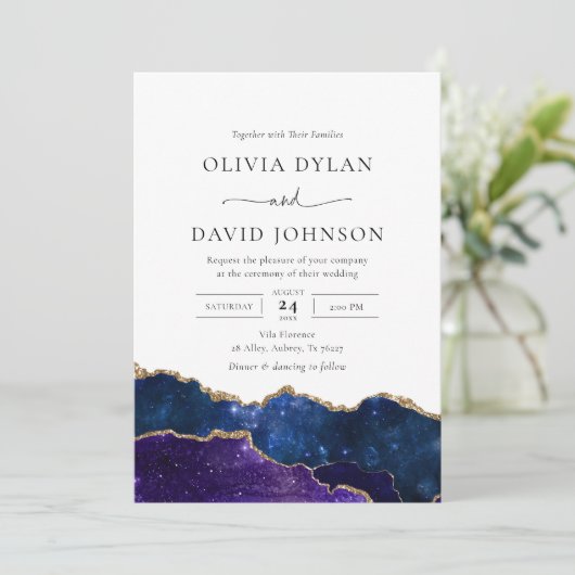 Galaxy Blue Lila Gold Agate Hochzeit Einladung (Stehend Vorderseite)