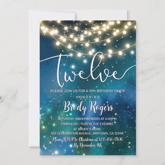 Galaxy Blue Stars String Lights Boys 12. Geburtsta Einladung (Vorderseite)