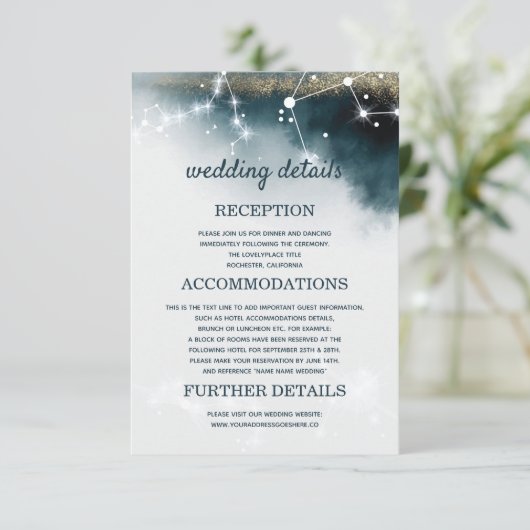 Galaxy Blue Wedding Details Unterkünfte Einladung (Stehend Vorderseite)