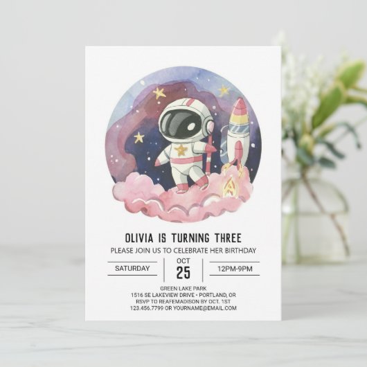 Galaxy Boho Dream Astronaut Geburtstag Einladung (Stehend Vorderseite)