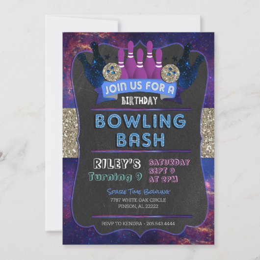 Galaxy Bowling Birthday Einladung (Vorderseite)